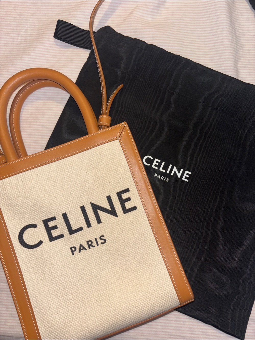 Celine Cream Canvas Tote with Tan Leather Trim